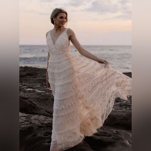 Needle & Thread BHLDN V-Neck Long Lace Wedding Dresses